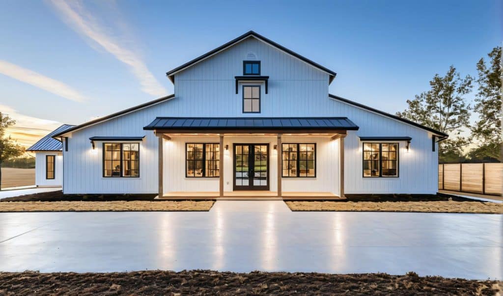 white barndominium homes