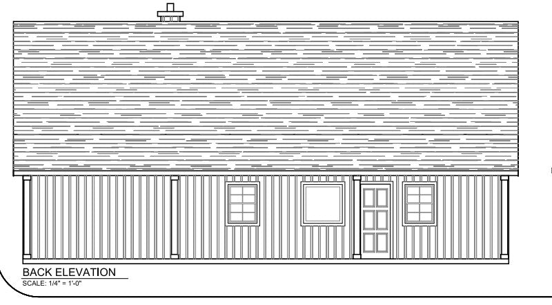 Radcliffe (RP-10002) Barndominium Floor Plan — 3 Bed, 2 Bath, 1,800 Sq Ft 8 Radcliffe RP-10002 rear elevation drawing showing the back porch