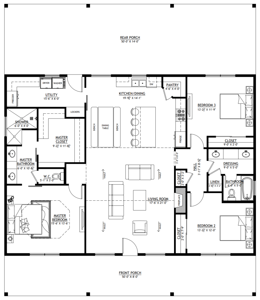 Radcliffe (RP-10002) Barndominium Floor Plan — 3 Bed, 2 Bath, 1,800 Sq Ft 9 Radcliffe RP-10002 barndominium floor plan — 3 bedroom, 2 bath, 1,800 sq ft on a 50x58 footprint