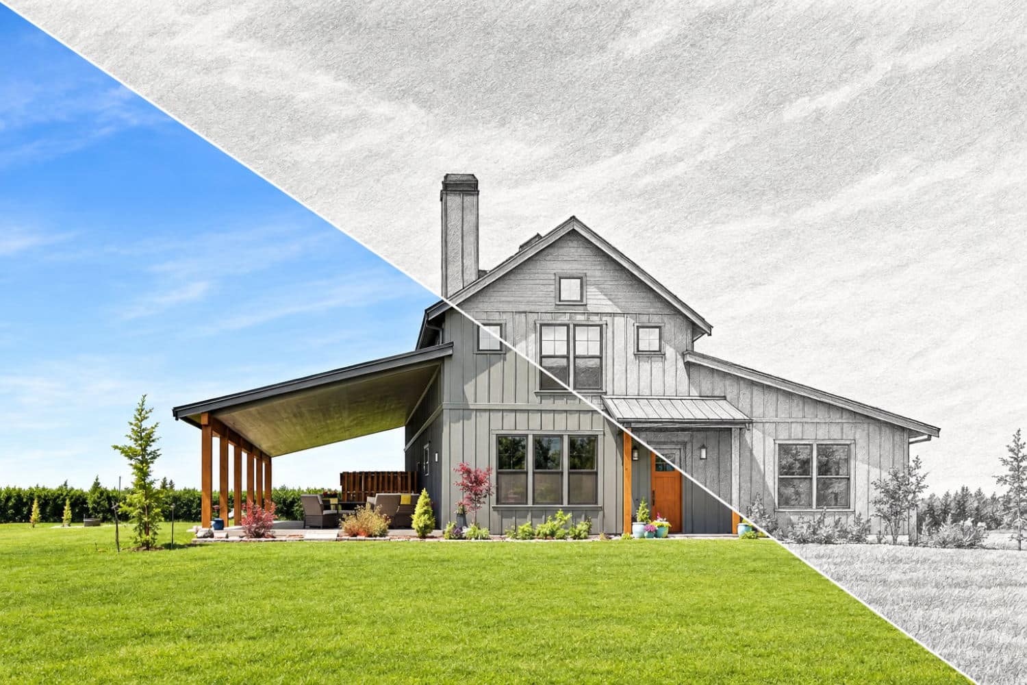 Barndominium shown as a hand-drawn sketch transitioning into the finished custom home, illustrating the custom design process