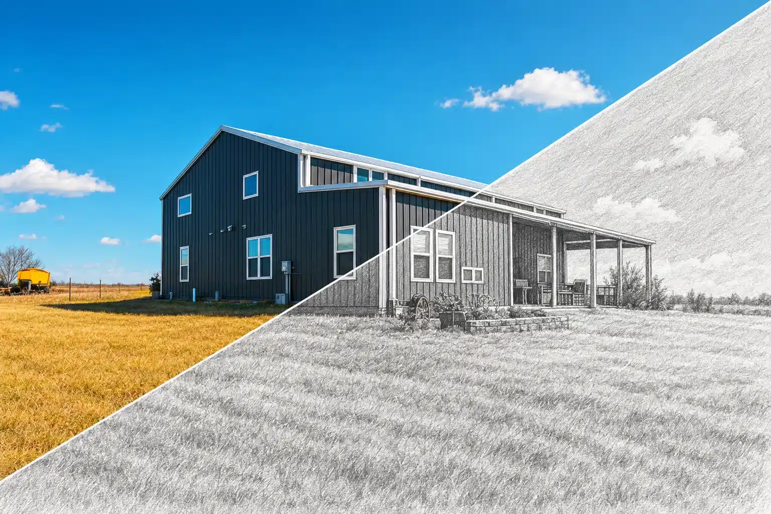 Custom Barndominium Floor Plans & Designs 3 Dark metal barndominium with a covered side porch, half pencil sketch
and half finished build